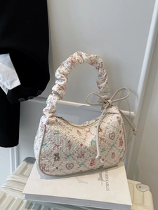 Cartoon Bear Print Underarm Bag Ruched Strap Sweet Bow Handbag PU Fabric Casual Shoulder Purse For Women