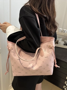 Pink large capacity tote bag with cartoon pattern and top handles for women