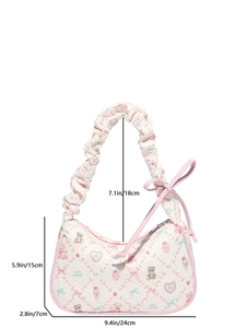 Minimalist white crossbody bag with pink handle and bear patterns showing dimensions