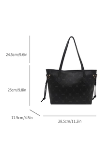 Black tote bag with rabbit print and dimensions shown on a white background