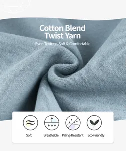 Detail of soft breathable cotton blend fleece fabric texture in greyish blue