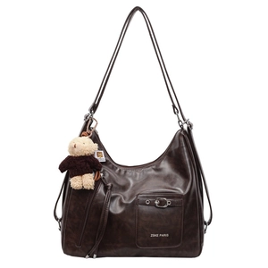 Brown faux leather large tote bag for women with cute bear charm and shoulder straps