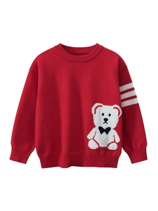 Kids red knit sweater with cute bear jacquard and white stripes on sleeves