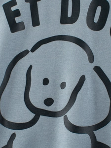 Blue-grey kid's sweatshirt with cartoon dog print and 'ET DO' lettering on knit fabric