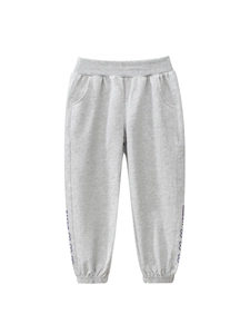 Pantaloni sportivi grigi leggeri per bambine con stampa coniglio viola e vita elastica