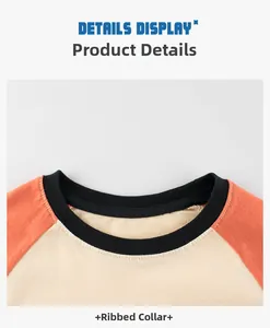 Close-up of black ribbed neckline and raglan sleeve stitching on children long sleeve t-shirt