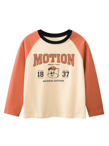 Kids Long Sleeve T-Shirt Cotton Raglan Sleeve Cartoon Bear Print American Retro Style Top For Boys Girls