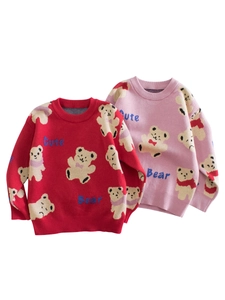 Kids Girls Knitted Sweater 100% Cotton Long Sleeve Pullover Cartoon Bear Pattern Warm Winter Top For Baby Children