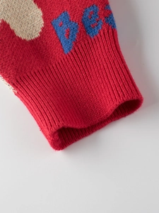 Red knit sweater for kids featuring blue BE letter jacquard and ribbed cuff details