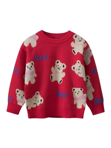 Red knit sweater for kids featuring cute bear jacquard and ribbed crewneck design