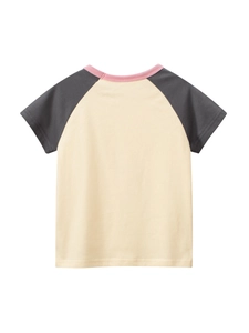 T-shirt raglan pour enfants avec blocs de couleurs beige et gris et col rond rose
