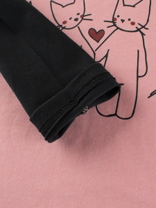 Girl's long sleeve cotton t-shirt with pink body, black cuffs and cat print