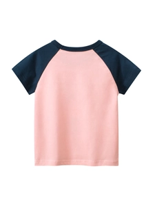T-shirt per bambini in cotone con maniche raglan blu scuro e orsetto dei cartoni rosa