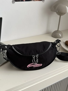 Women Crescent Shoulder Bag Nylon Fabric Half Moon Crossbody Bag Double Zipper Embroidery Letter Casual Street Style