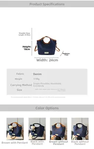 Detaillierte Größenangaben für eine Denim-Eimertasche mit Maßen und Gewichtsinfos