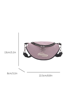 Pink crescent underarm bag in nylon with black zippers and size dimensions overview
