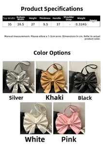 Size chart detail for tote bag with bow, showing dimensions and five color options