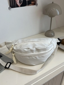 Women Fashion Nylon PU Half Moon Waist Bag Casual Crossbody Chest Bag With Adjustable Strap Woven Pulls For Daily Travel