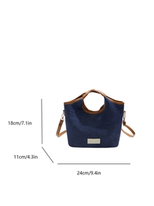 Blue denim handbag with 3D bear decoration and brown leather trim, size 24x18x11cm