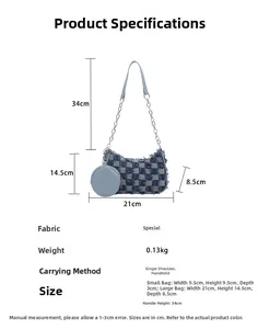 Blue denim checkerboard hobo bag dimensions and specifications with silver chain strap