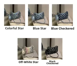 Variety of denim underarm bags with star and plaid patterns featuring silver chain straps