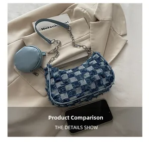Detailed macro view of checkered denim handbag with distressed edges and chain strap