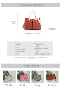 Detailed size chart for corduroy bow tote bag featuring dimensions and four color options