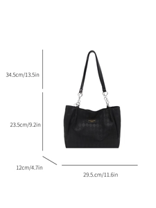 Quilted black nylon tote bag with chain strap and dimension markings for sizing