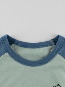 Kids raglan sleeve t-shirt in light green and navy blue with a ribbed crew neck design