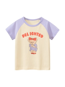 Kids short sleeve t-shirt with raglan purple sleeves and cartoon bear graphic print