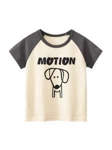 T-Shirt à Manches Courtes Raglan en Coton pour Filles Avec Imprimé Chien de Dessin Animé Et Lettre Couleur Contrastée Haut d'Été pour Enfants
