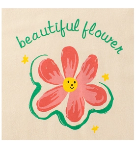 Détail d'un t-shirt beige avec une fleur de dessin animé et texte beautiful flower