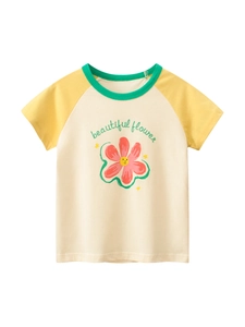 T-Shirt Filles En Coton À Manches Courtes Raglan Imprimé Fleur Dessin Animé Col Rond Haut D'été Décontracté