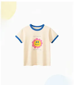 Detail of girls' short sleeve t-shirt with smile flower print and contrast crew neck