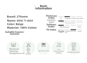 Size chart for girls 100% cotton summer t-shirt showing fabric details and care guide
