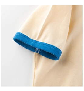 Close-up of cotton knit t-shirt sleeve with blue ribbed edge and detailed stitching