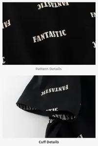Détail de l'imprimé Fantastic et des coutures de la manche sur le t-shirt noir