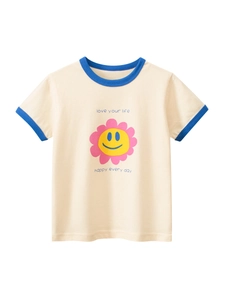 Girls Short Sleeve T-Shirt 100% Cotton Cute Flower Smiley Face Letter Print Ringer Tee Summer Casual Kids Top