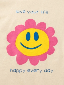 Short sleeve beige cotton t-shirt for girls featuring a pink flower with smiley face print