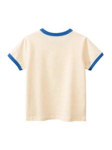 Girls cotton short sleeve ringer t-shirt in beige with blue contrast trim back view