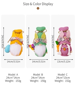 Detailed size specifications for a set of three knitted Easter gnomes with flower crowns