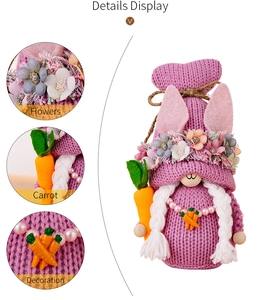 Detailed views of Easter gnome featuring knit ears, flower crown, and carrot accessory