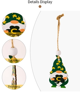 Detailed view of St. Patrick's Day wooden gnome pendant with clover prints and jute rope