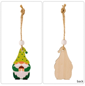 Detailed front and back view of St. Patrick's Day wooden gnome pendant with green hat