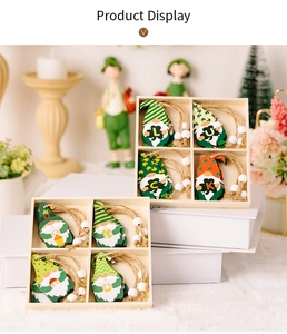 Macro view of St. Patrick's Day wooden gnome ornaments with lucky clover motifs