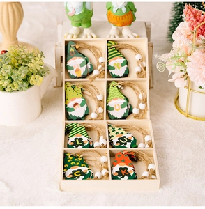 Set of 6 St. Patrick's Day wooden gnome charms with Lucky clover and hemp rope in a box