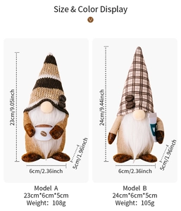 Size comparison for coffee gnome plush figurines with knitted hats and cup details