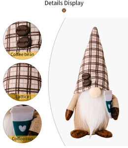 Detail view of coffee gnome plush showing lattice fabric and mini coffee cup accessories