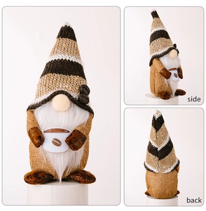 Three-view detail of a coffee gnome with striped hat, sequins, and a white coffee cup