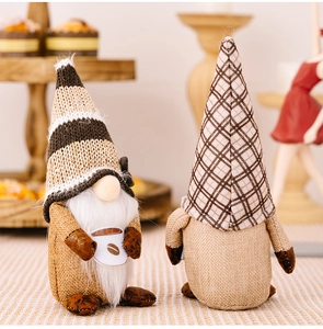 Close-up of coffee gnomes with burlap fabric and knit hats for cafe shop decor